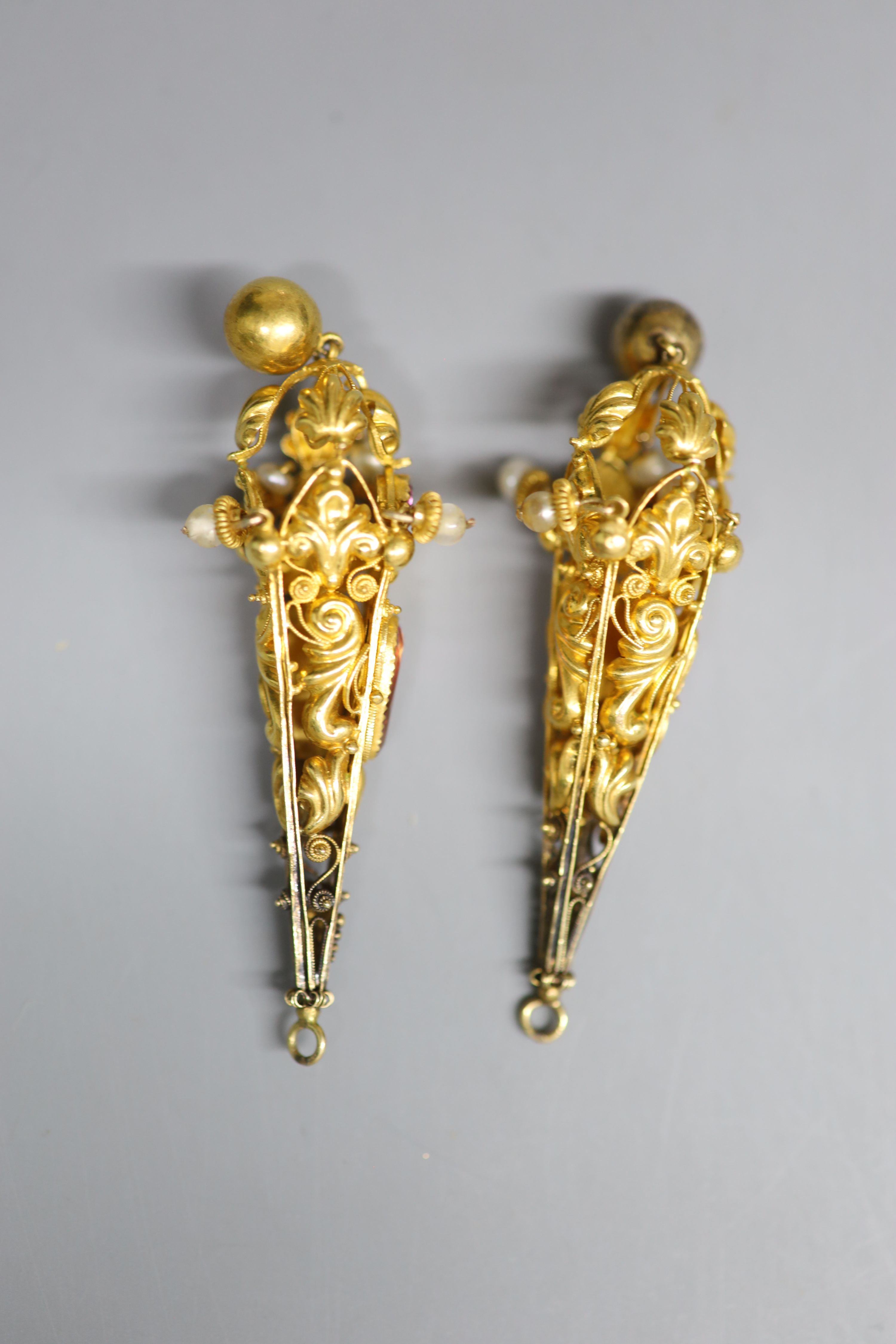 A pair of Victorian pierced yellow metal, foil back pink paste and simulated pearl set drop earrings, 60mm, gross 10.8 grams.